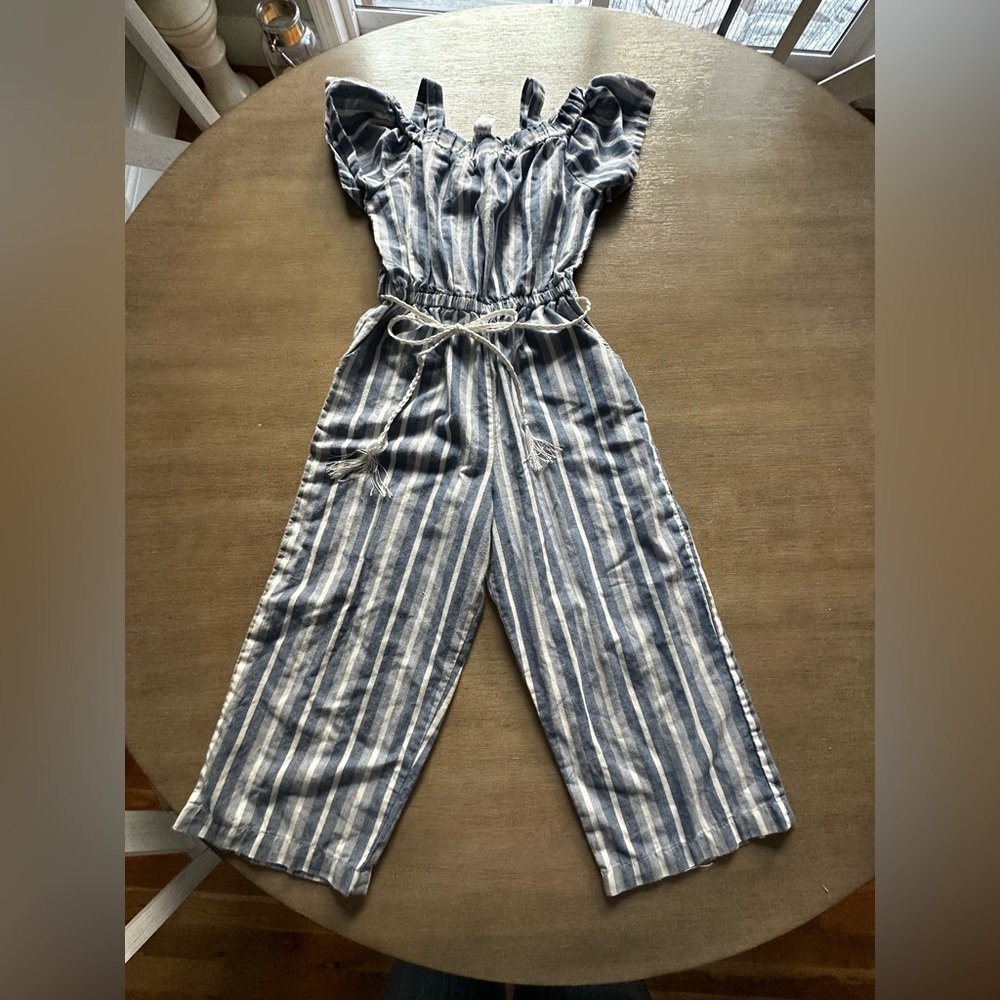 bebe girls m(10-12) Blue and White Striped Jumpsuit